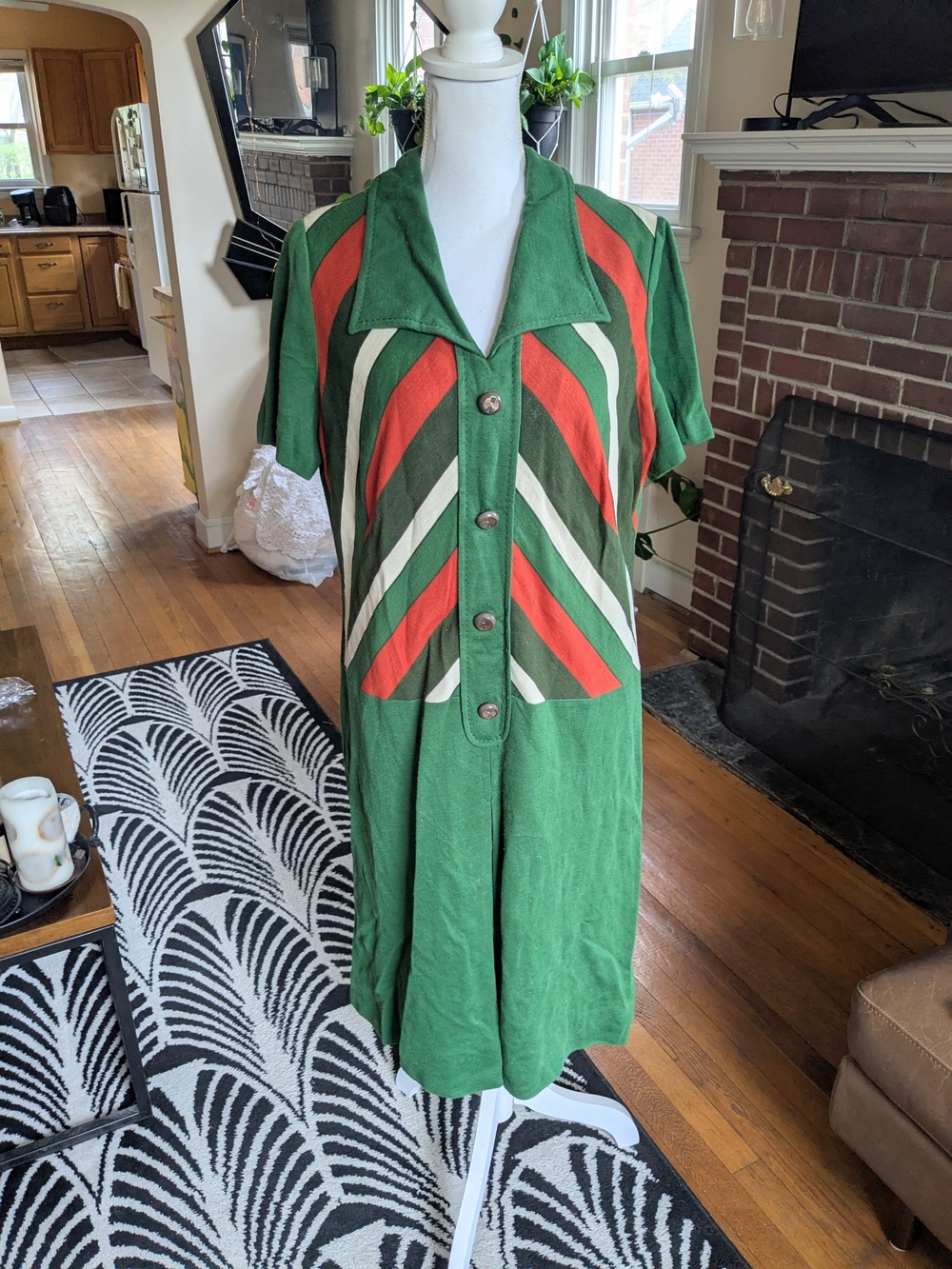 Vintage Green Button-Front Dress with Red & Cream Chevron Detail